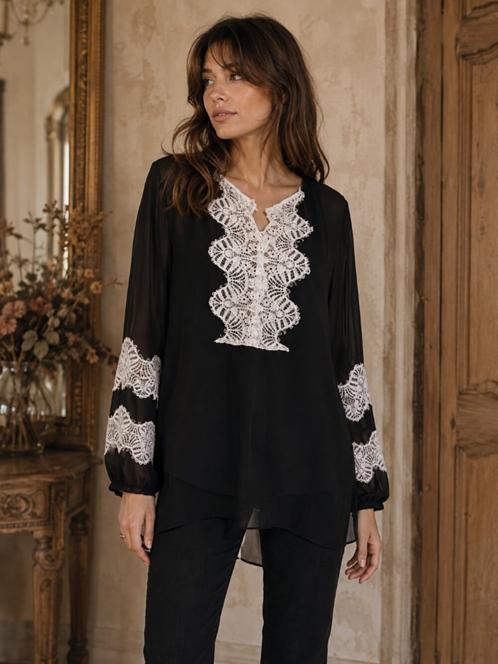 Chico's Black Label Blouse M Black White Lace Sheer Tunic Romantic Whimsy Boho